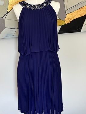 S.L. Fashions Navy Embellished Halter Pleated Midi Dress